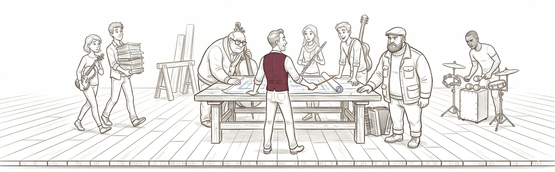Eight musicians gathered around a workbench on a theater stage — the architect in a burgundy vest holds a gold baton pointing at blueprints while musicians with diverse instruments look on, one carries a stack of sheet music, one sets up drums off to the side